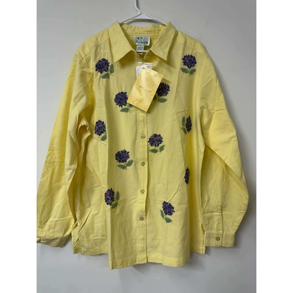New Quacker Factory Womens 1X Yellow Cotton Beaded Hydrangea Shirt A-37104